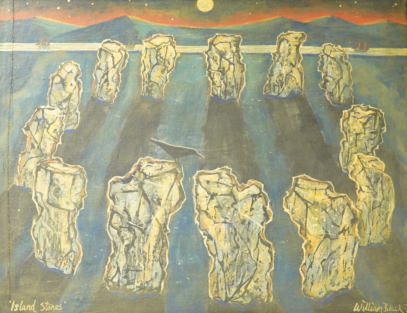 William Black (Cornish, 20th. C), oil on canvas board, 'Island Stones', signed and dated '72, 39 x 50cm. Condition - fair, repair to left hand side of canvas